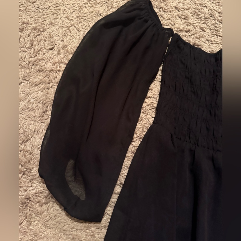 Express Sz Small Black Off or On Chifon Shoulder Mini Dress w/ rouching, ruffles - Picture 4 of 10